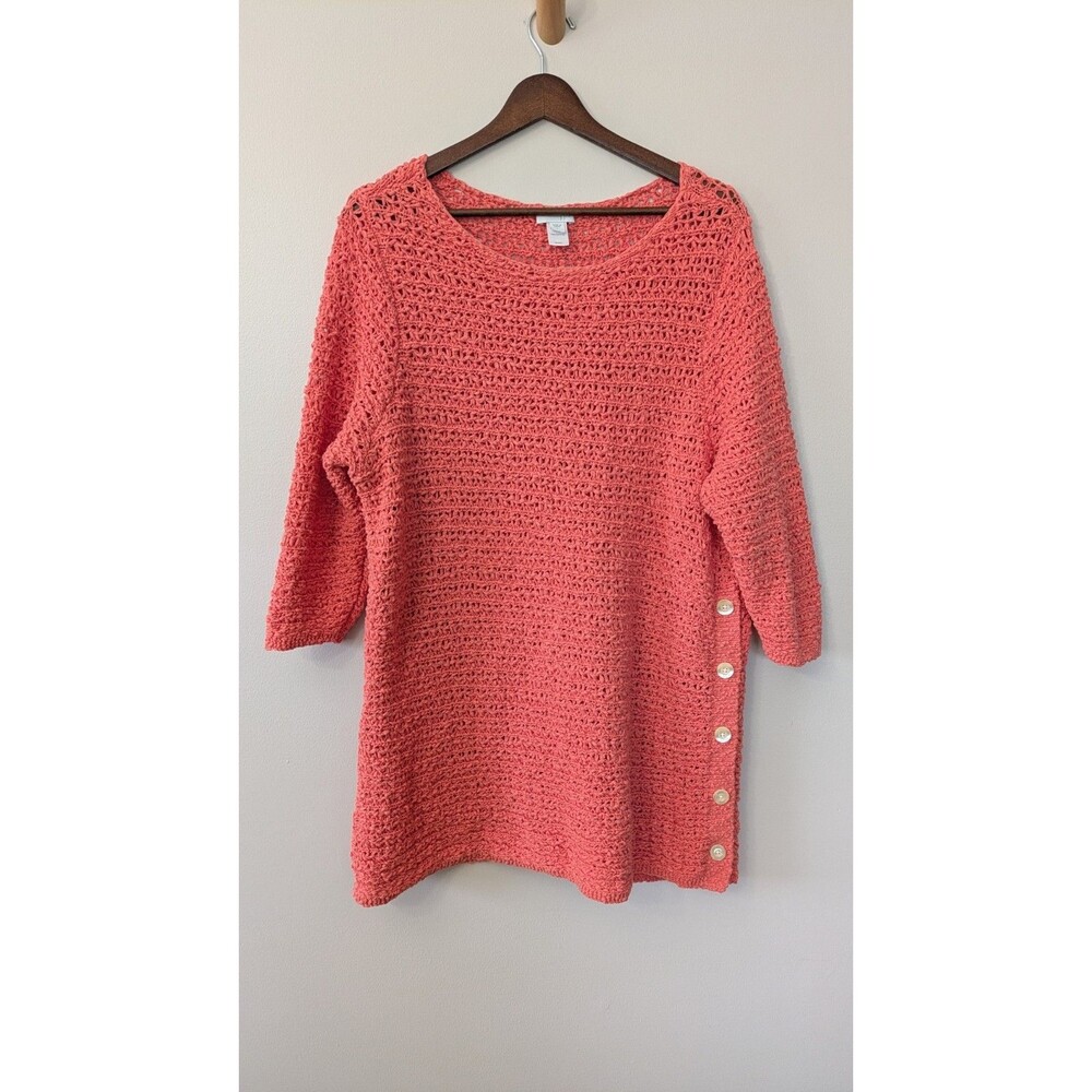 J Jill Womens Open Knit Tunic Sweater Large Textured Oversized Button Side